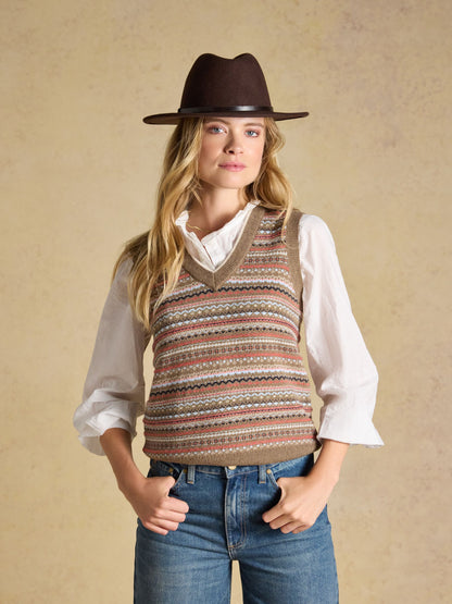 Women's Joules tan brown vintage Fair Isle V-neck knitted vest with relaxed fit