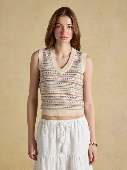 Joules Cotton Rich Fair Isle V-Neck Knitted Vest Oat