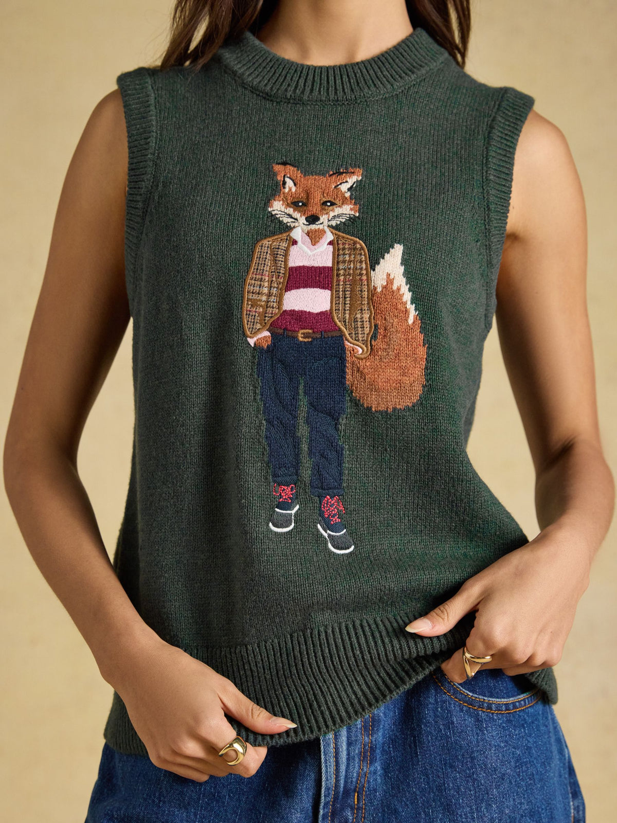 Women's Joules Jonty Fox Green Knitted Vest