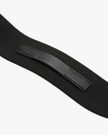 Premier Equine ZIMELLA Black Elastic Breastgirth - Close-up view of Italian leather and elasticated horse riding equipment.