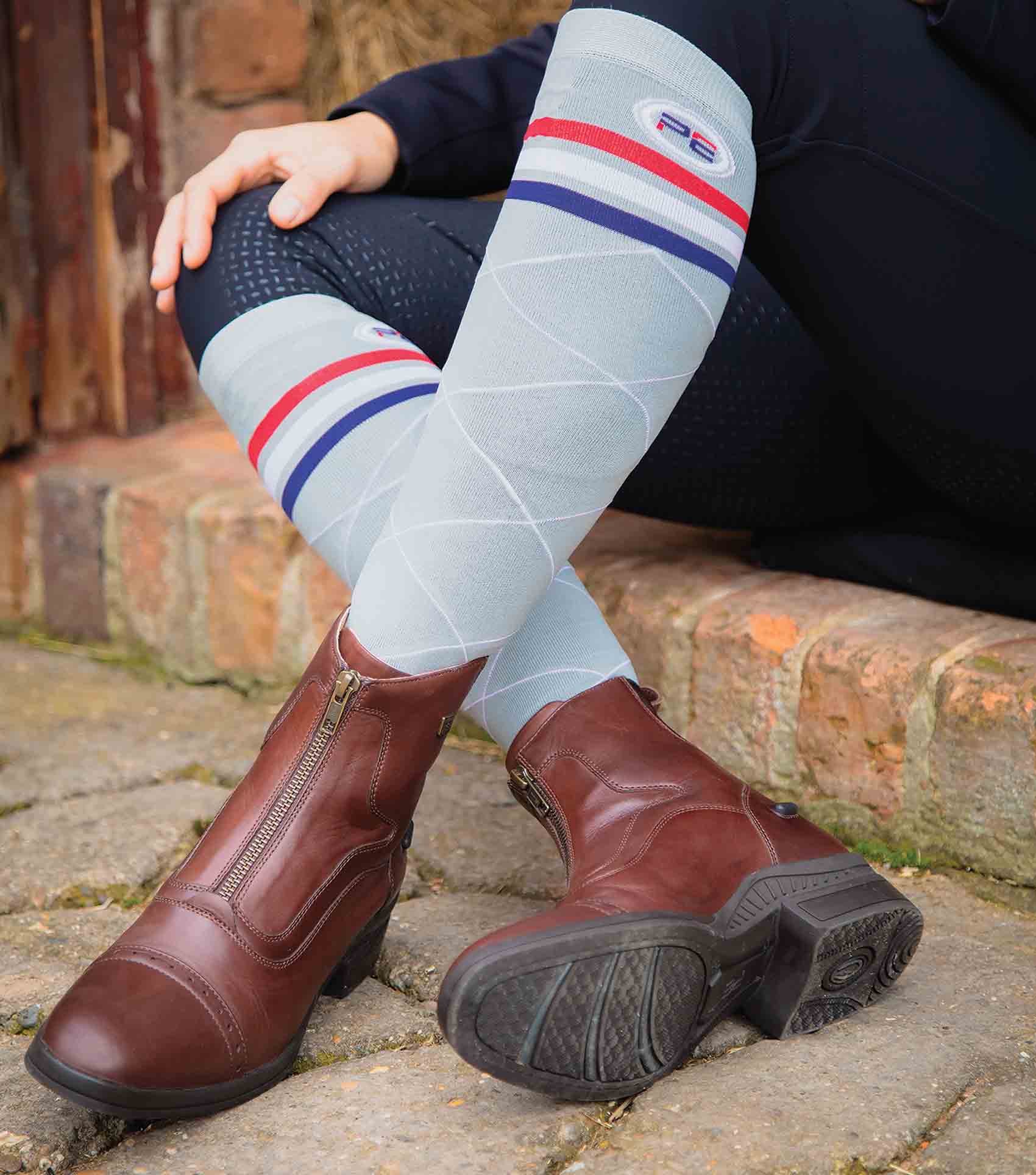 Premier Equine Grey Check Socks: 4 Season Riding Socks with Brown Riding Boots, Equiflair