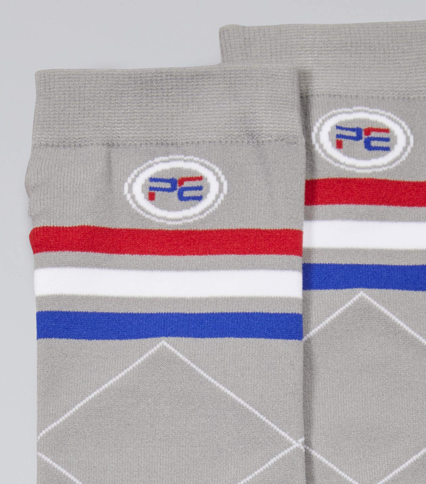 Premier Equine Grey Check Socks: Stylish & Comfortable Equestrian Socks with PE Logo & Red, White & Blue Stripes.