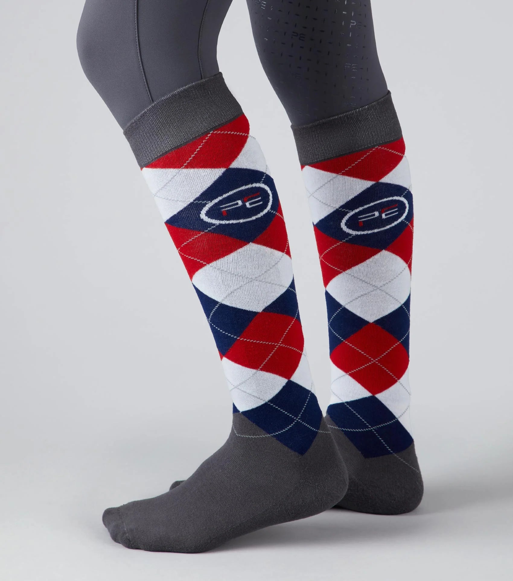 Premier Equine Argyle Equestrian Socks - Riding Socks with Classic Red, White & Blue Check Pattern