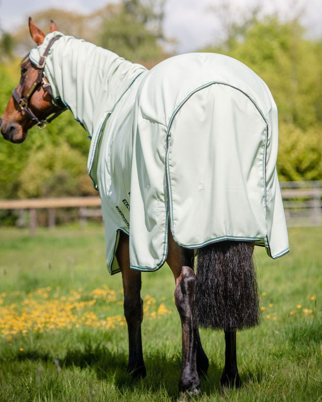 HORSEWARE Rambo Hoody Rug: Chalk/Hunter Green. Fly & UV Protection for Horses. Equiflair.