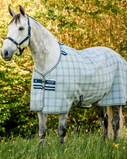 Grey Horse Wearing HORSEWARE Newmarket Witney Navy Fly Sheet. Check Pattern Horse Blanket for Fly Protection by Horseware from Equiflair.