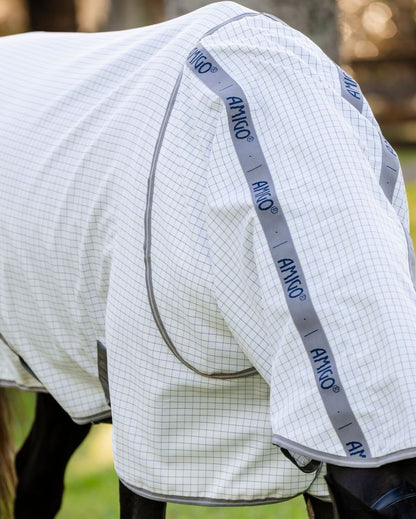 Horseware Amigo Summer Sheet Plus: Lightweight, UV protective horse blanket in navy check with titanium grey trim. Equiflair.