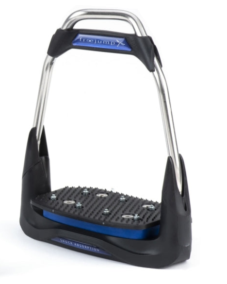 FREEJUMP AIR'S Stirrups Navy: Equestrian stirrup with shock absorption, super grip, stainless steel frame, and removable studs for riders.