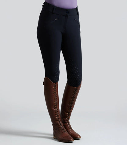 Navy Full Seat Riding Breeches with Zip Pockets and Brown Riding Boots. Women's Equestrian Apparel.