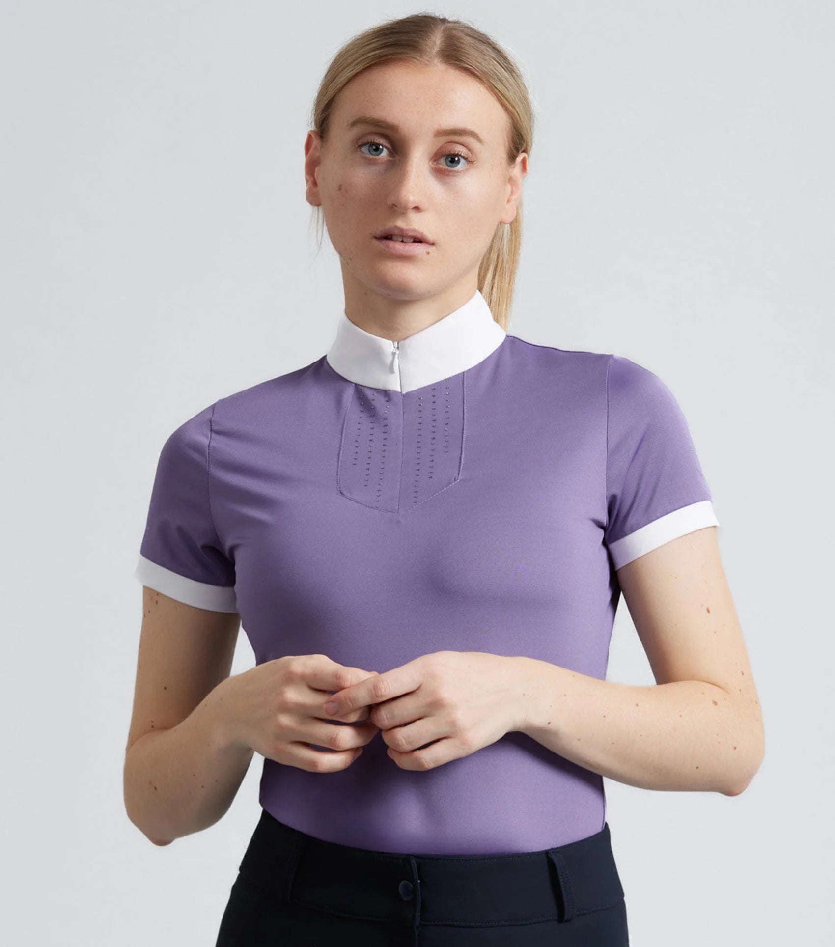 PREMIER EQUINE ALANI Amethyst Riding Top: Women's Short Sleeve, White Collar, Equestrian Apparel