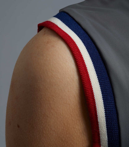 Premier Equine Alito Ladies Sleeveless Riding Top Anthracite, close-up of shoulder and red/white/blue trim detail