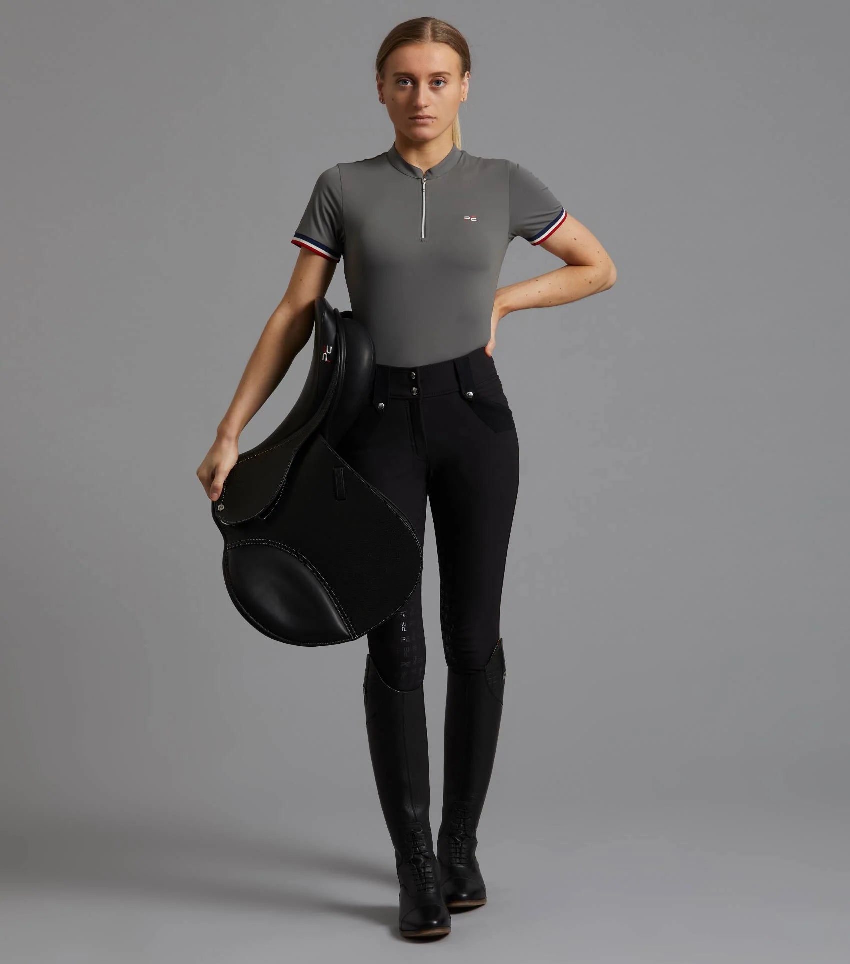Premier Equine Allegra Anthracite Ladies Riding Top with Saddle - Equestrian Apparel, Short Sleeve, Four-Way Stretch