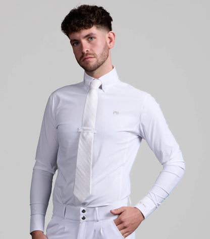 Premier Equine Andate Men's White Long Sleeve Equestrian Show Shirt. Horse riding competition apparel.