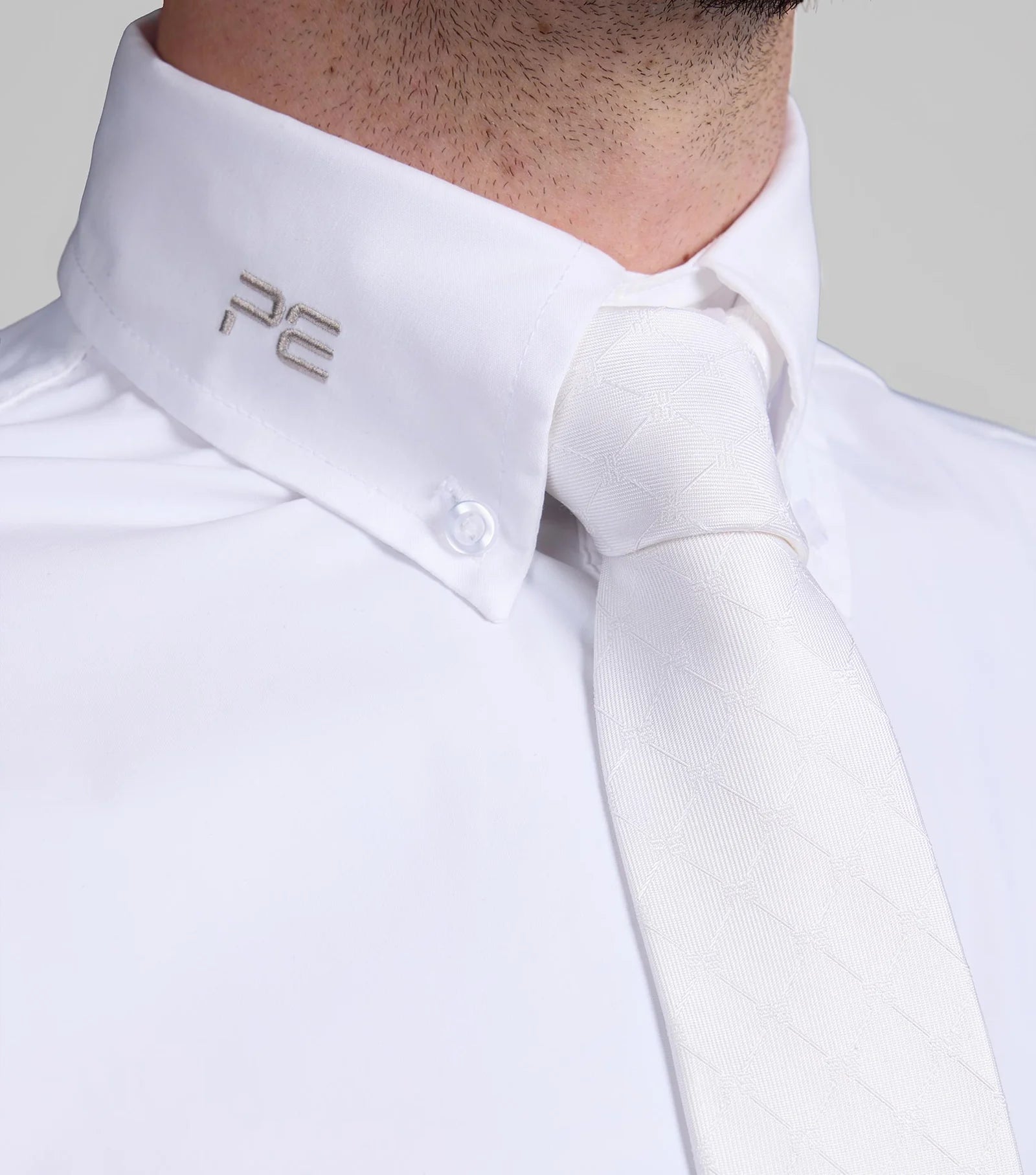 Premier Equine White Men's Show Shirt: Elegant Long Sleeve Competition Shirt for Equestrian Riding