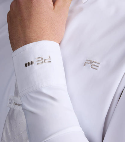 PREMIER EQUINE Andate White Show Shirt - Long Sleeve Equestrian Competition Shirt with PE Logo Embroidery on Cuff & Chest