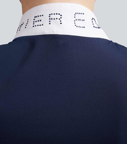 Premier Equine Andria Navy Riding Top: Women's Equestrian Short Sleeve Shirt with Stylish Collar Detail