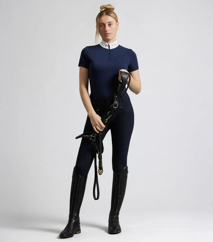 PREMIER EQUINE Andria Navy Riding Top: Womens short sleeve equestrian shirt. Moisture-wicking, breathable & UV protection.