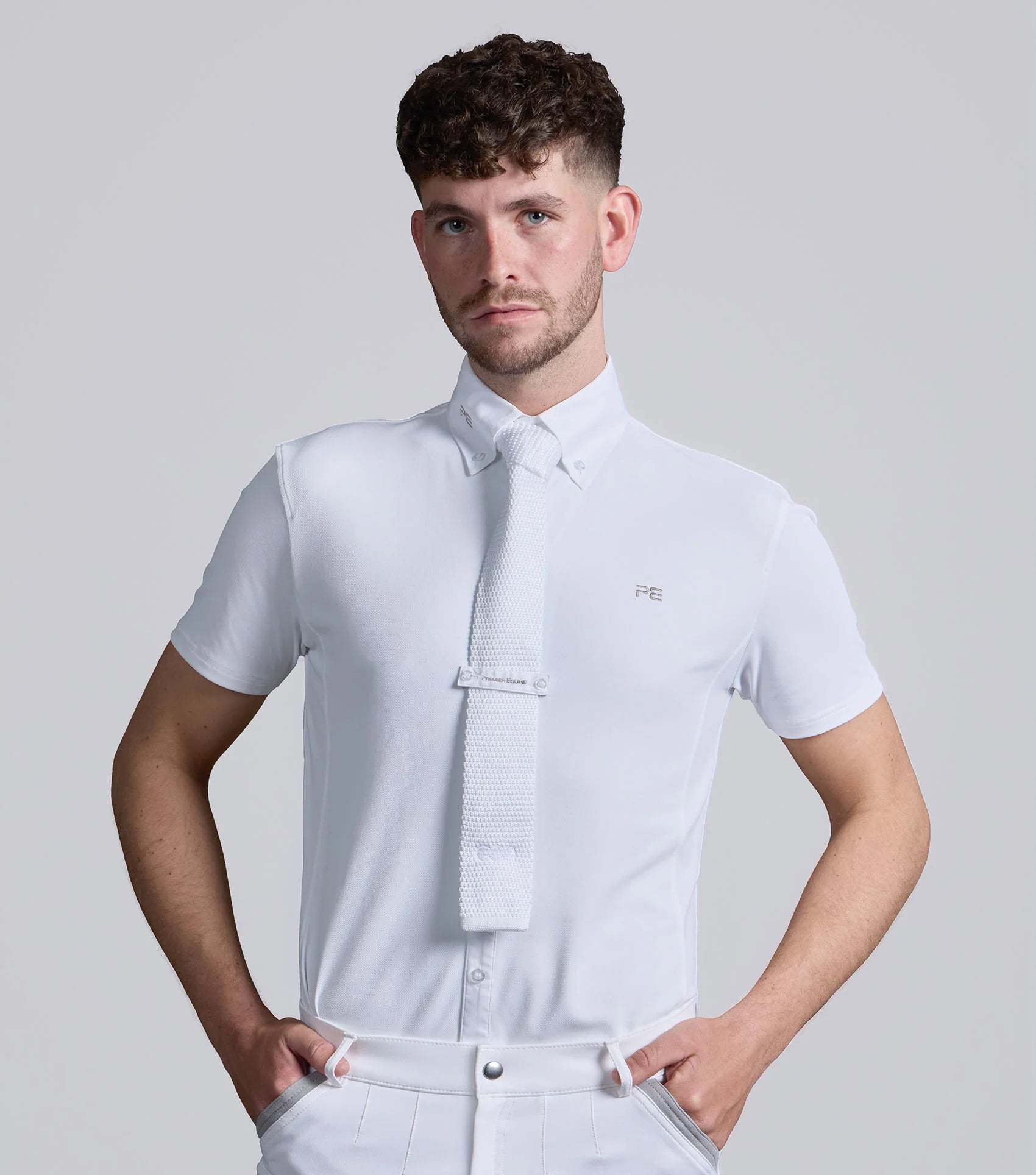 Premier Equine Antonio Men's White Short Sleeve Show Shirt. Equestrian Apparel for Competitions and Horse Riding.