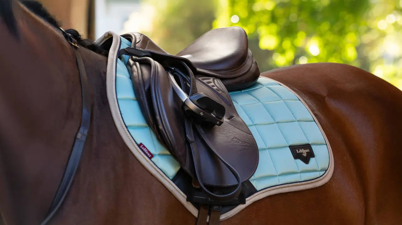 LeMieux Loire Classic Close Contact Square Aqua Saddle Pad on Horse - Equiflair