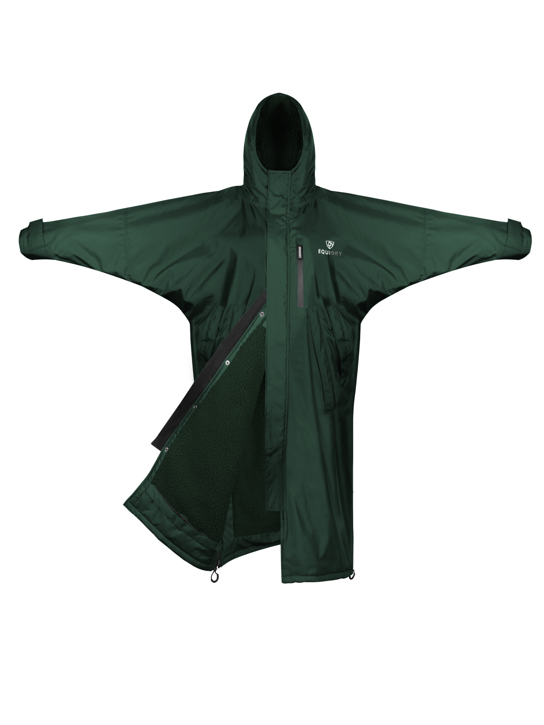 EQUIDRY men's long waterproof horse riding coat in black forest green/green