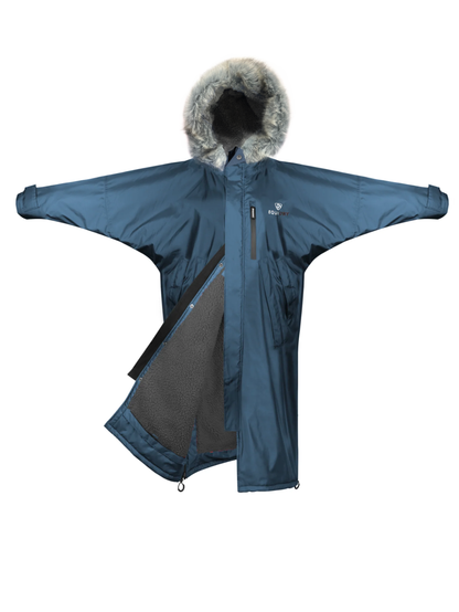 Equidry Waterproof Riding Coat: Fleece Lined with Fur Hood - Steel Blue