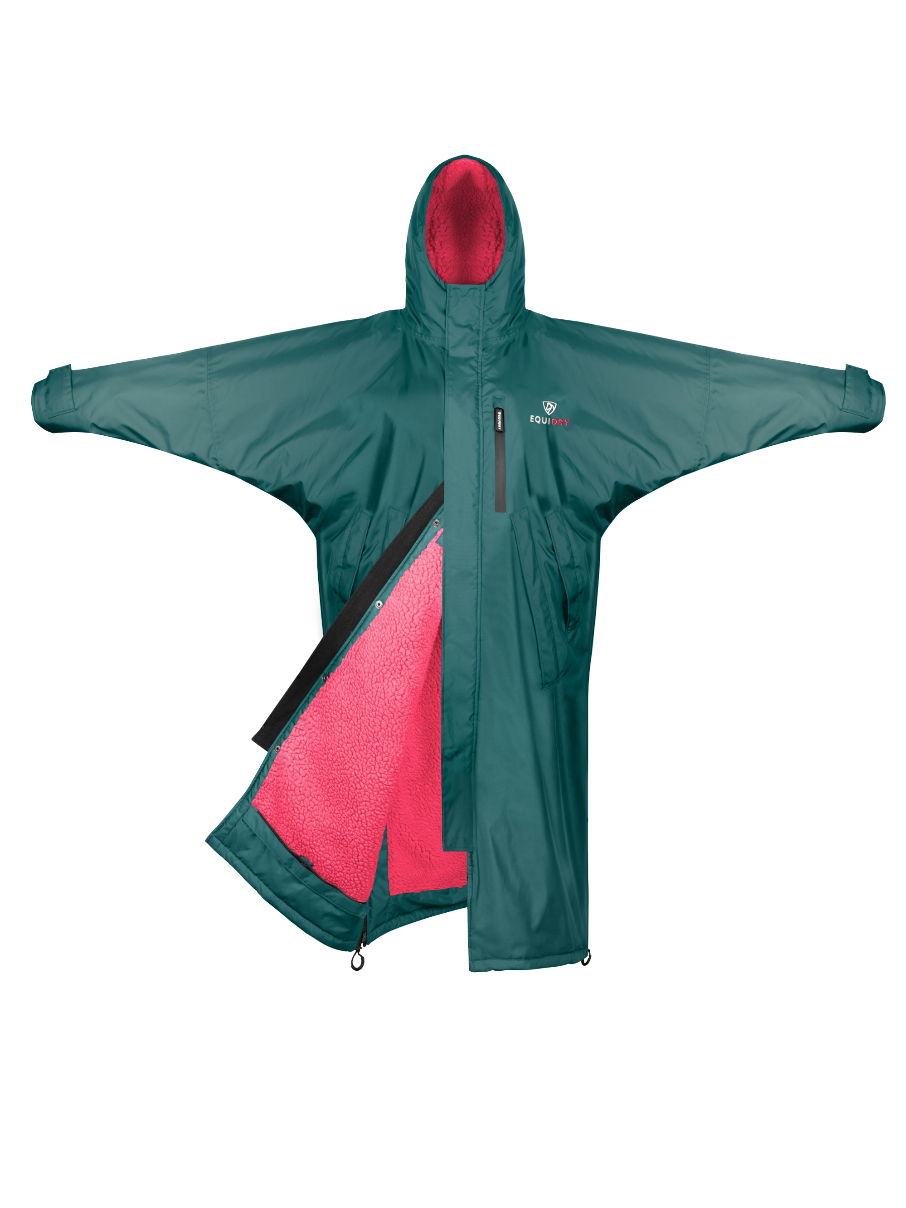 EQUIDRY Waterproof Horse Riding Coat - Teal with Pink Fleece Lining - Women's Long Rain Jacket