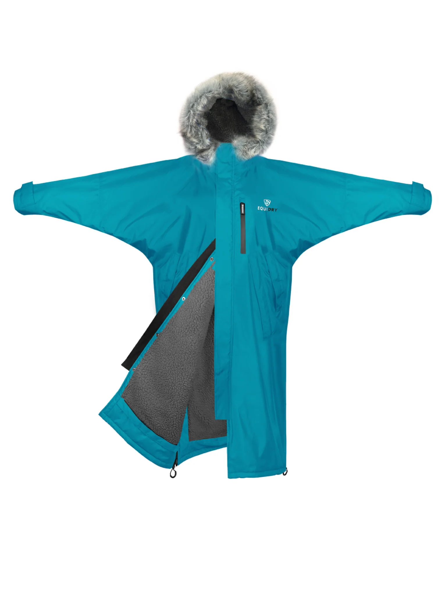 EQUIDRY Evolution Lux Women's Warm Waterproof Winter Horse Riding Coat Thick Fleece Lining with Faux Fur Trim Hood in turquoise