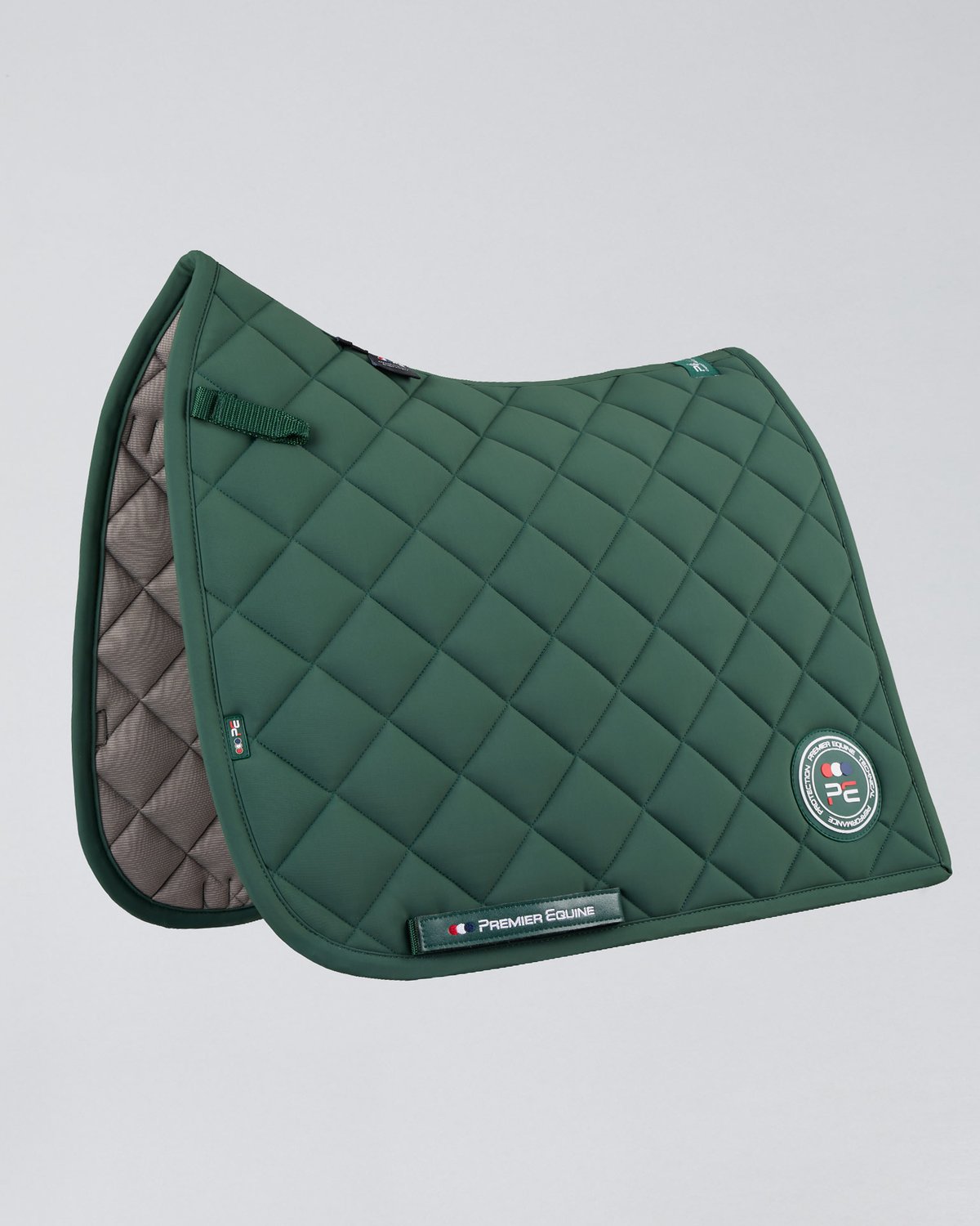 Premier Equine Atlas Green Dressage Saddle Pad. Close Contact design for equestrian riding. Premium horse equipment.