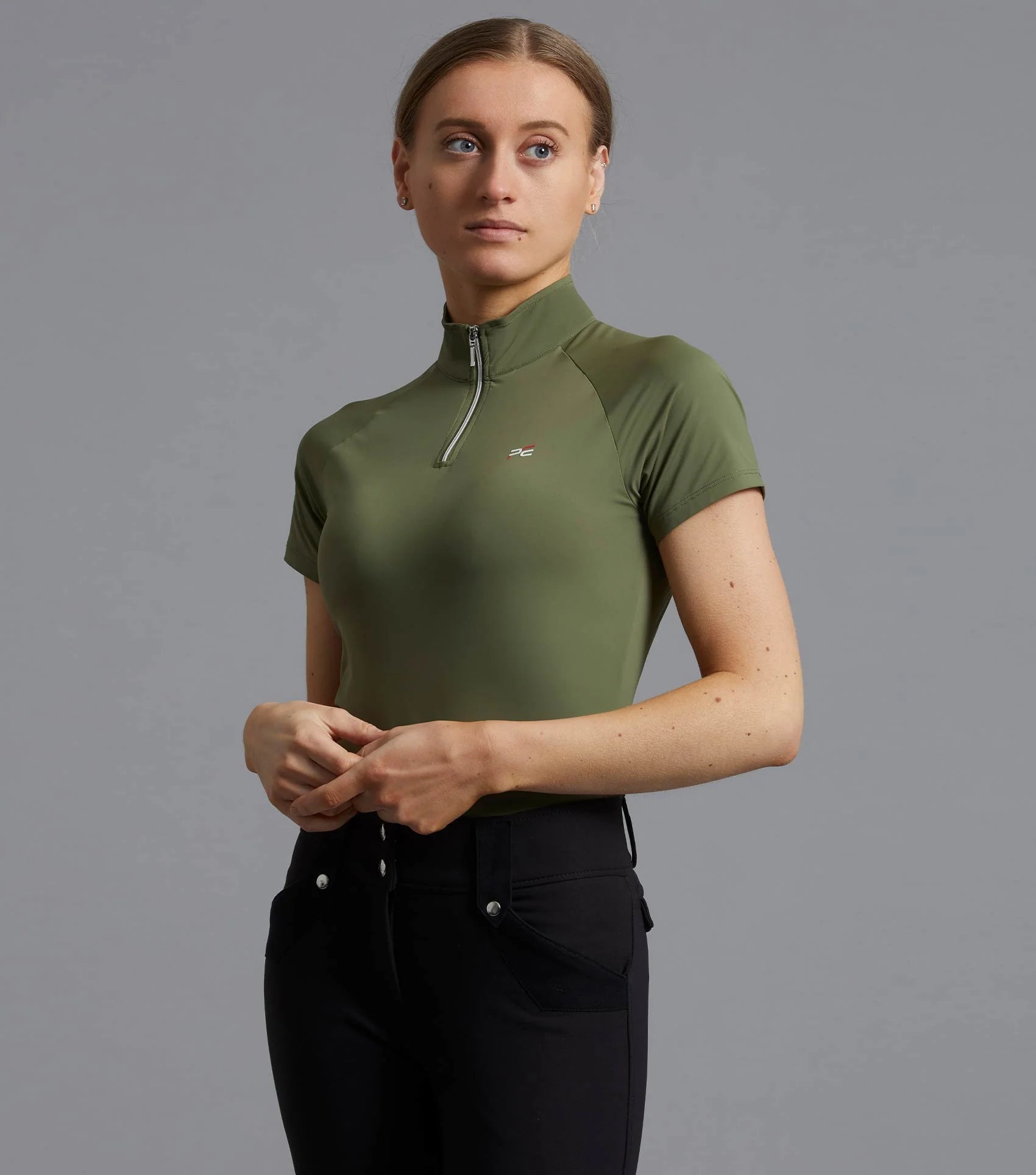 Premier Equine Aura Olive Riding Top for Ladies - Short Sleeve Equestrian Shirt