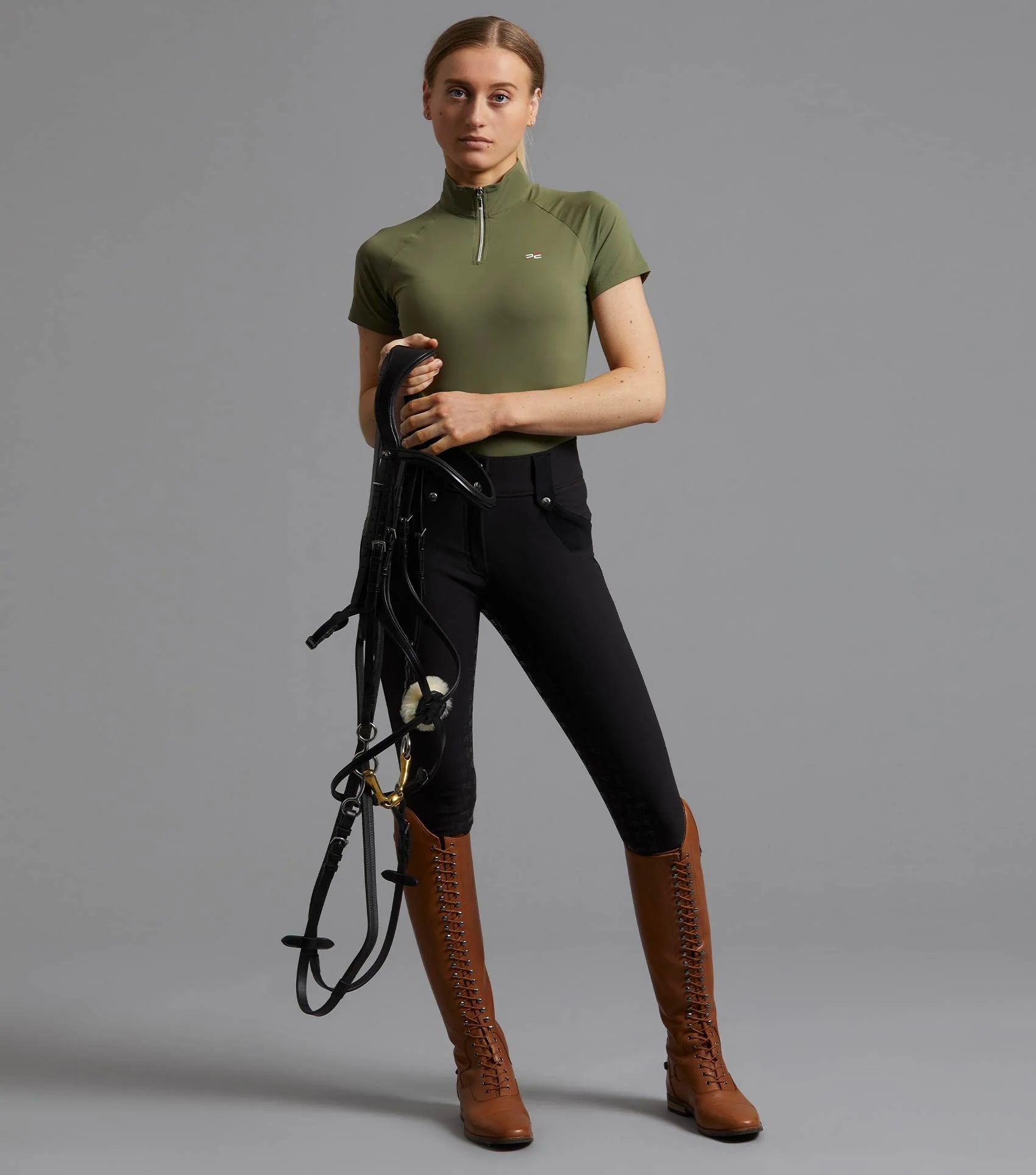 Premier Equine Olive Riding Top: Ladies Short Sleeve Equestrian Shirt with Bridle