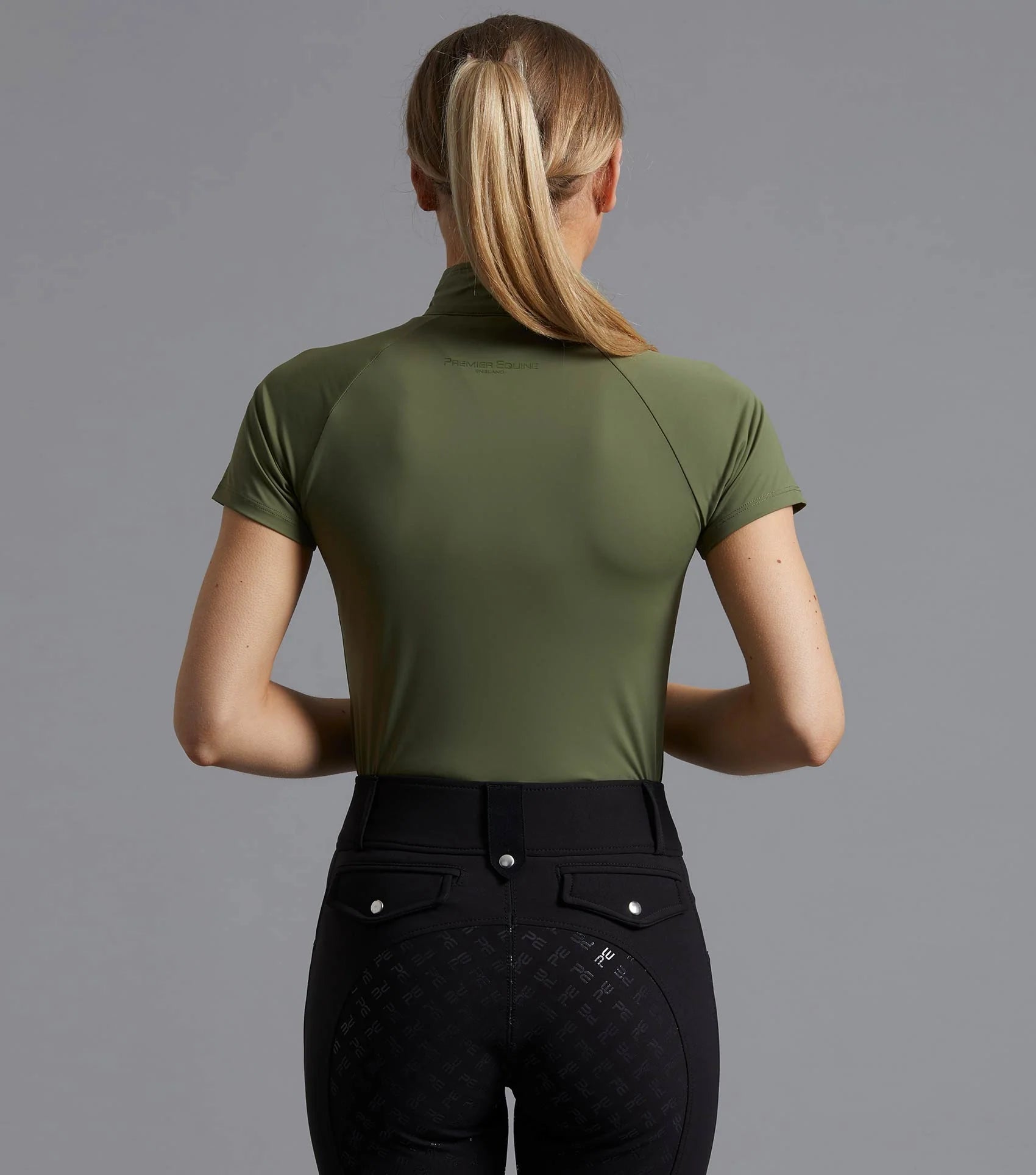 Premier Equine Aura Olive Riding Top. Ladies equestrian apparel. Short sleeve, breathable.