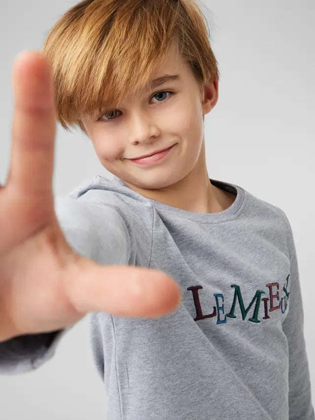 Boy in Grey LEMIEUX Long Sleeve T-shirt. Soft cotton kids wear.