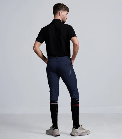 Premier Equine Barusso Men's Gel Knee Riding Breeches Navy: Comfortable and secure equestrian apparel for every day use.
