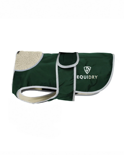 Equidry Waterproof Dog Coat - Black Forest Green with Cream Fleece Lining - Reflective, Harness Ready