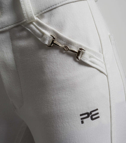 Premier Equine girls' white competition riding breeches with full seat gel and bit detail. Durable fabric & subtle branding.