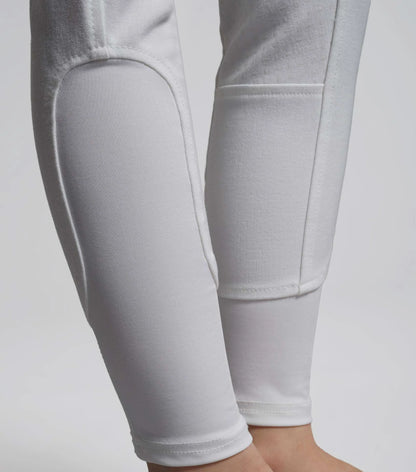 White riding breeches with gel seat, girls competition breeches, Premier Equine Brava. Equestrian riding apparel close-up.