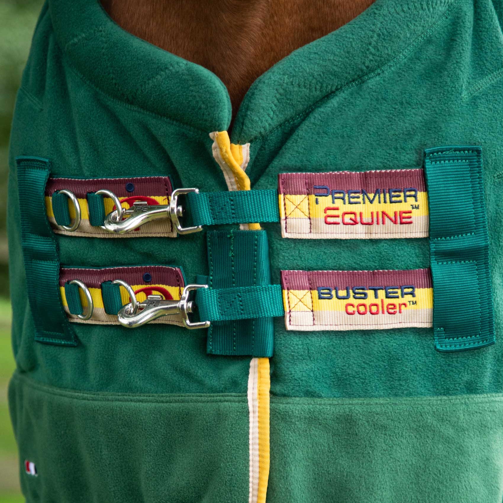 Premier Equine Buster Fleece Cooler Rug - Continental Edition Green. Horse cooler rug for travel, shows, and after exercise.