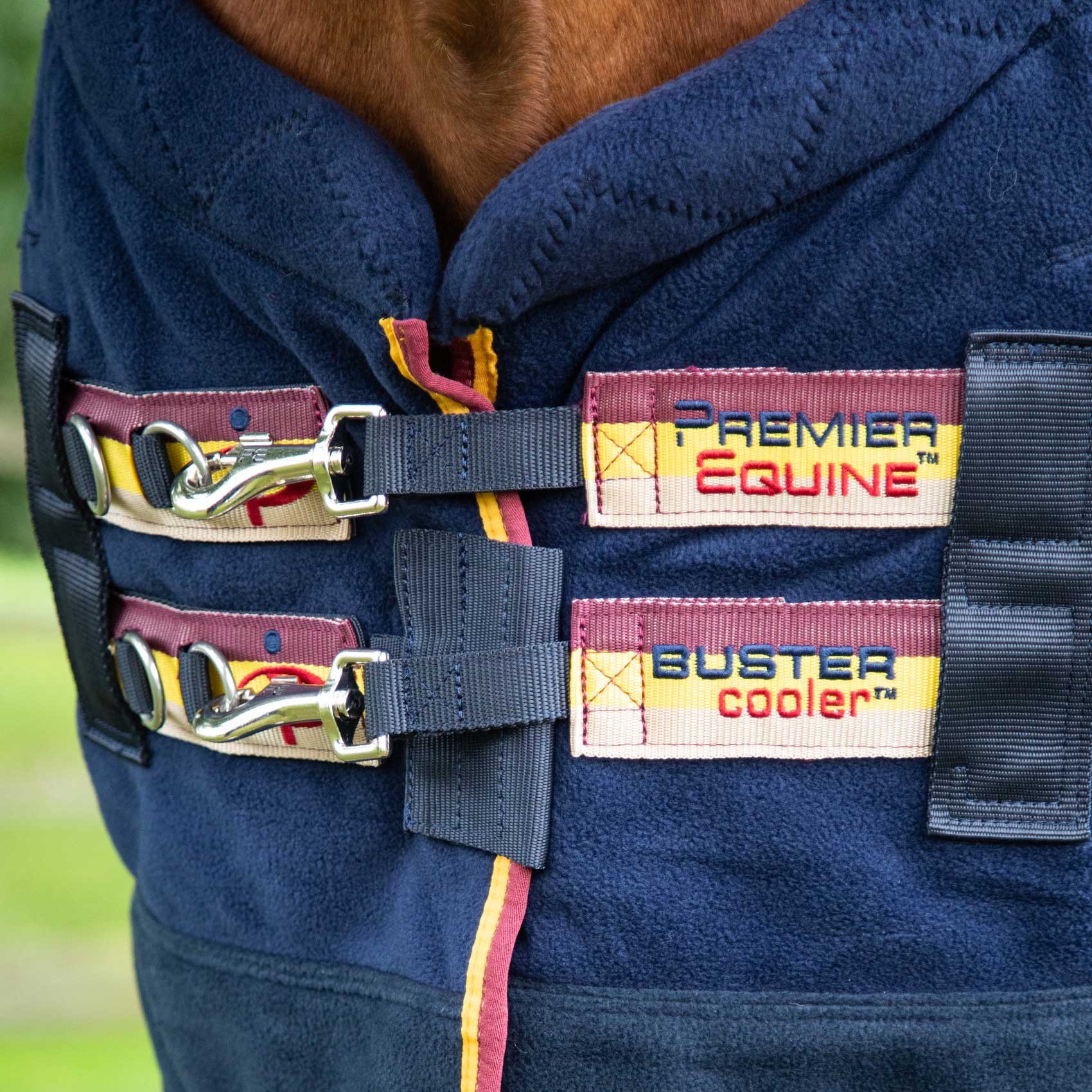 Premier Equine Buster Fleece Cooler Rug - Continental Edition Navy. Horse cooling blanket with wicking & thermal properties.