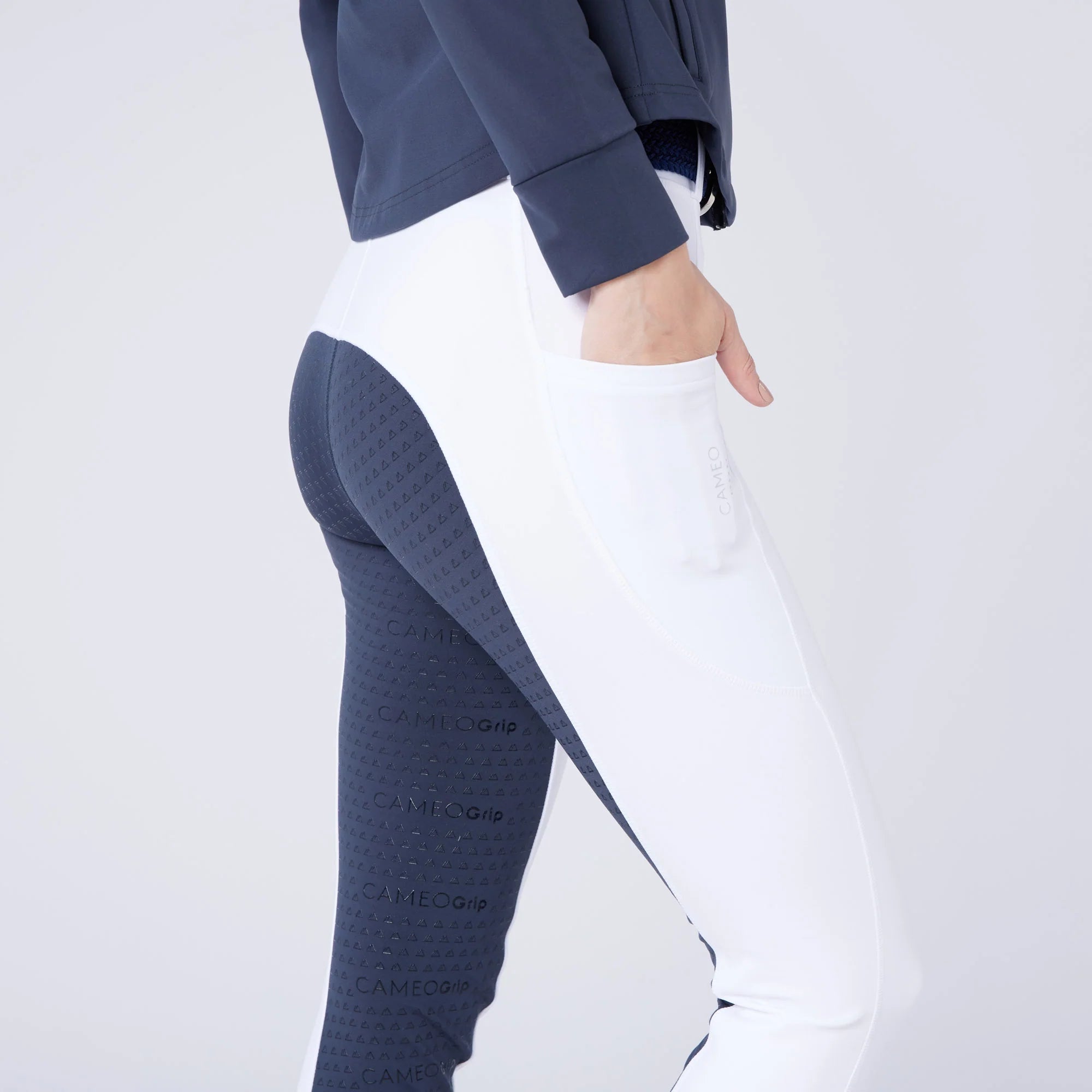 CAMEO ECODRY Riding Tights - White with Navy Seat | Equestrian Apparel