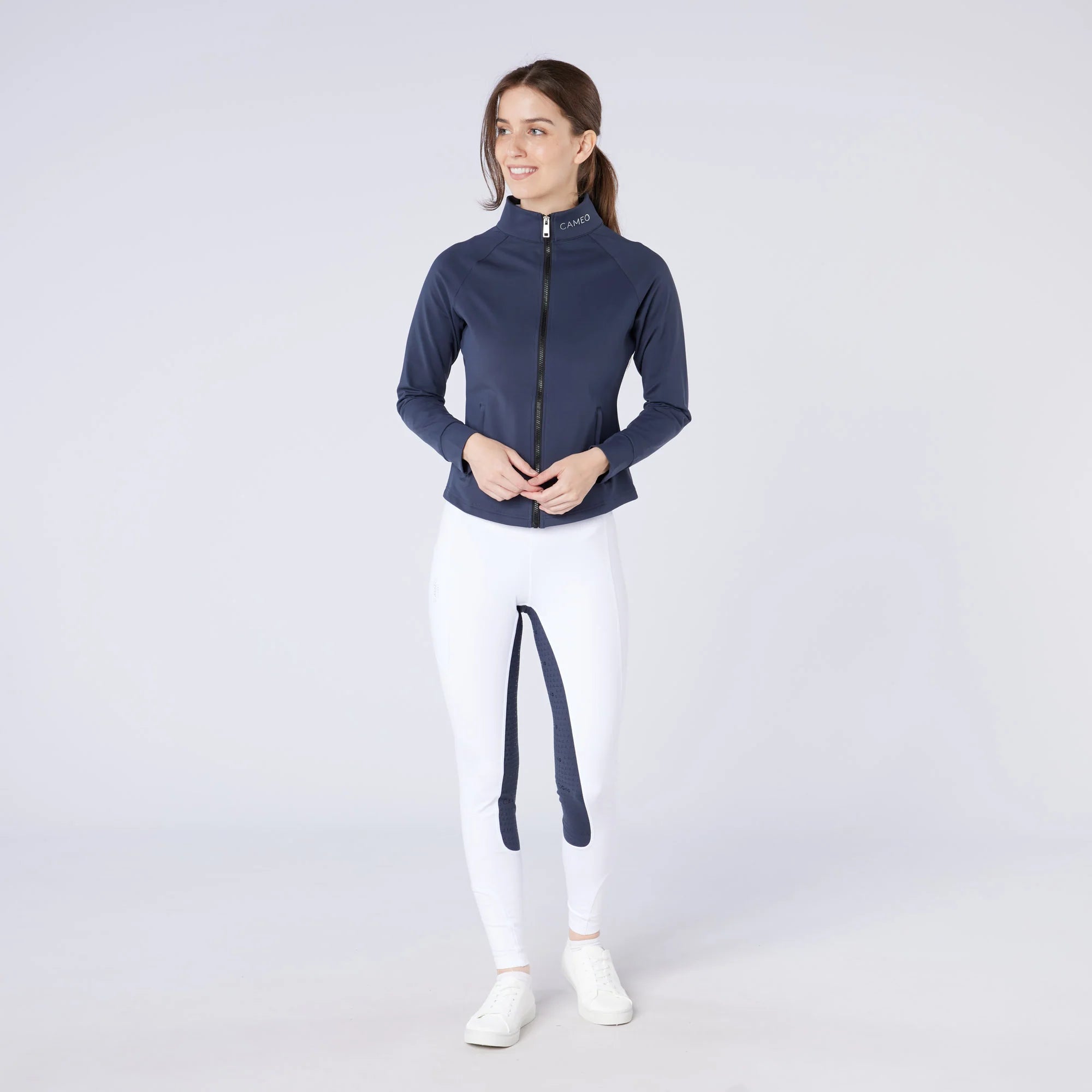 CAMEO ECODRY White Riding Tights with Navy Seat: Equestrian Apparel, Water Repellent, Silicone Seat, Winter Riding Pants