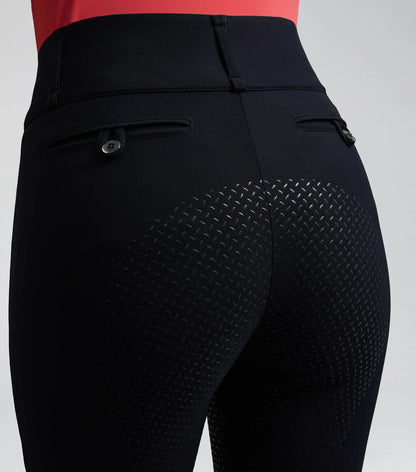 PREMIER EQUINE CARAPELLO Ladies Full Seat Gel Riding Breeches Navy. Equestrian riding pants with textured grip, back view.