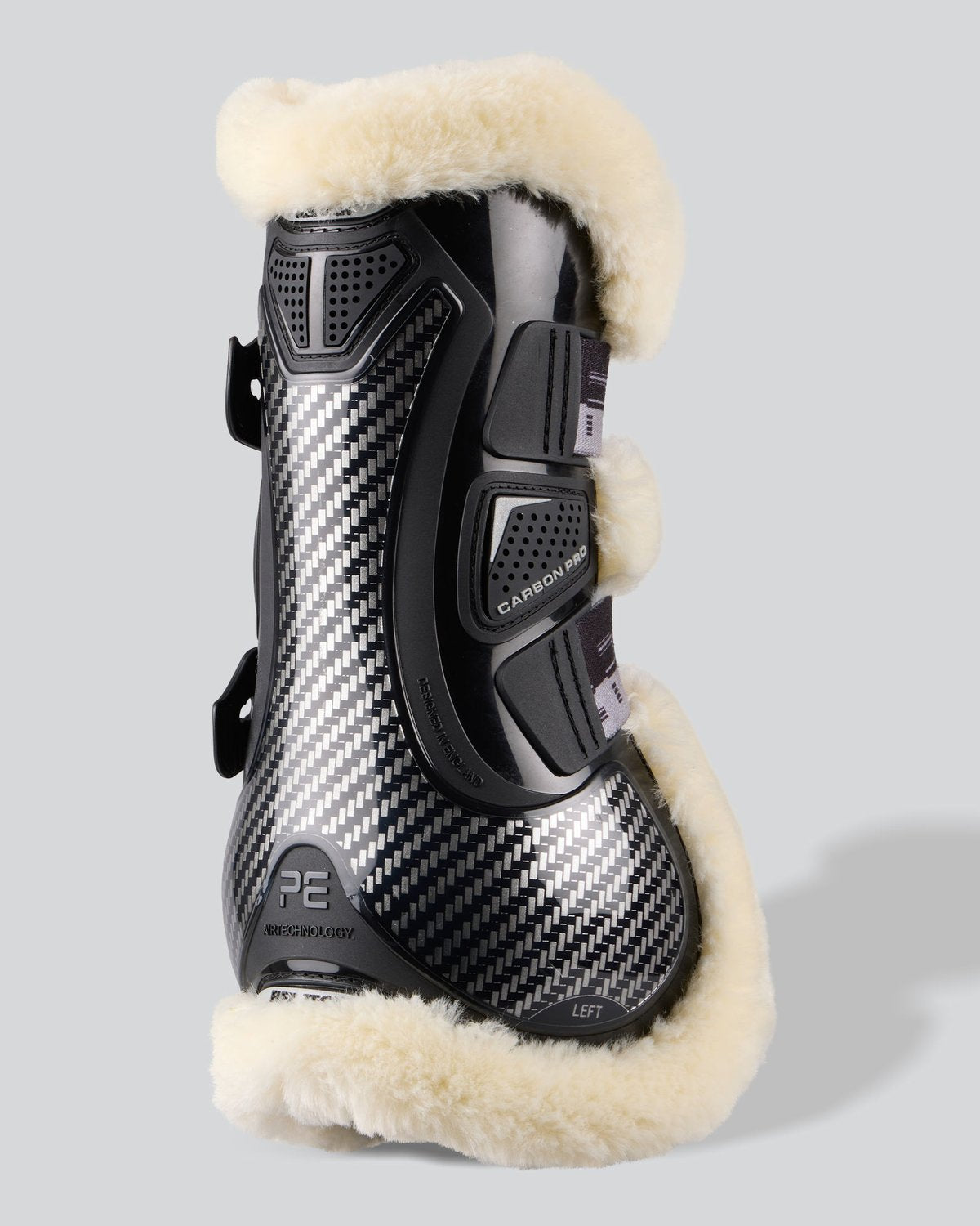 Premier Equine Carbon Pro Tendon Boots: Black Carbon Fiber Horse Leg Protection with Faux Fur Lining | Equiflair