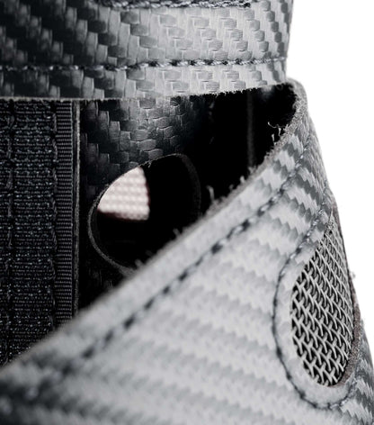 Close-up: Premier Equine Carbon Tech Air Cooled Eventing Boot - Carbon Fiber, Vents, Horse Leg Protection, Black