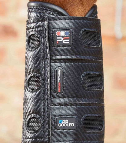 PREMIER EQUINE Carbon Tech Air Cooled Eventing Boots Black Front. Durable carbon fiber, air vents, & impact protection for horses.