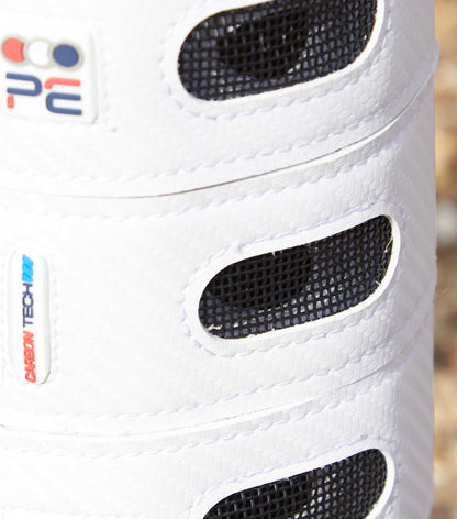 Premier Equine Carbon Tech White Hind Air Cooled Eventing Boots Close-up. Horse Leg Protection, Cooling