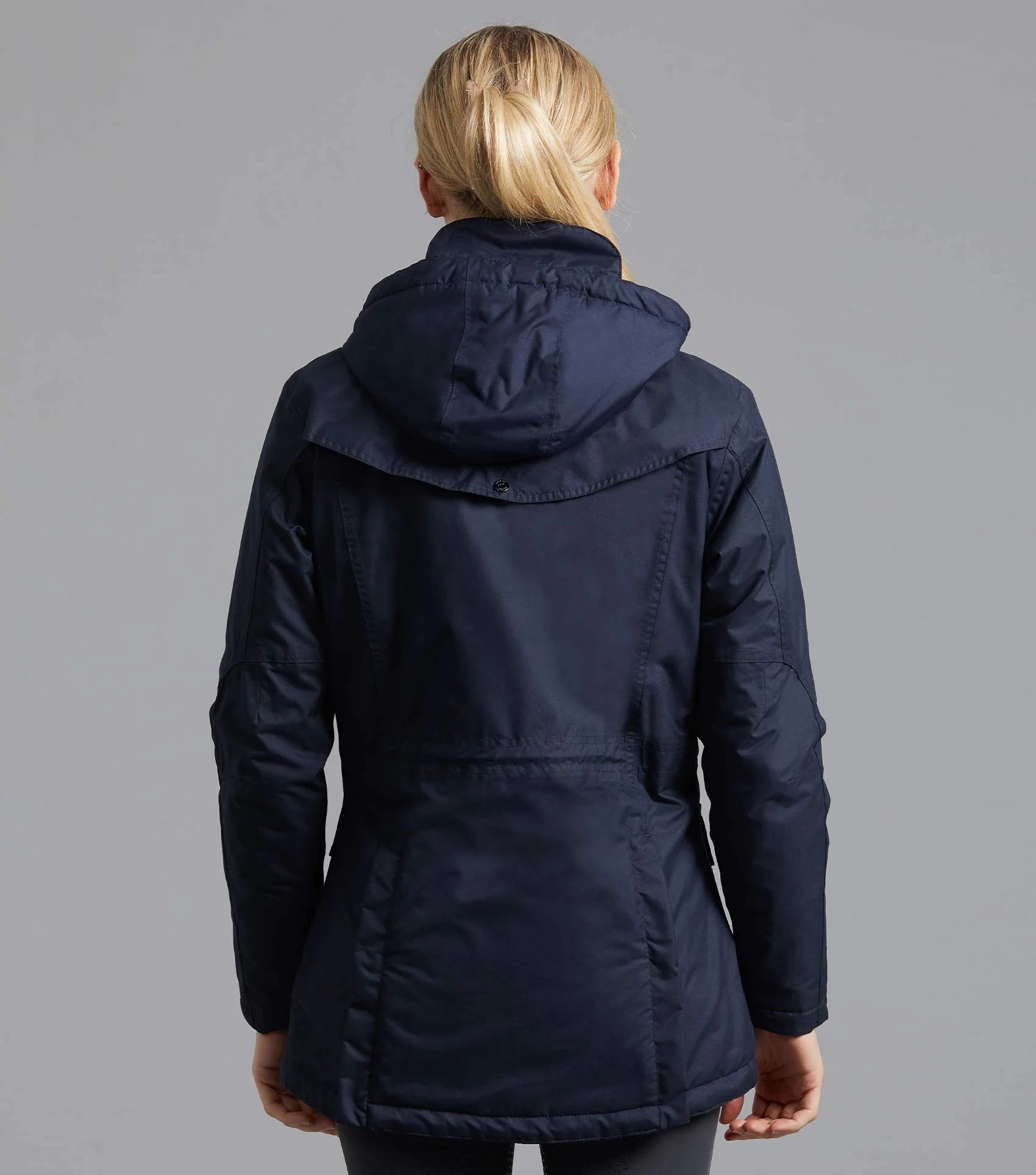 Premier Equine Ladies Navy Waterproof Riding Coat with Hood - Rear View