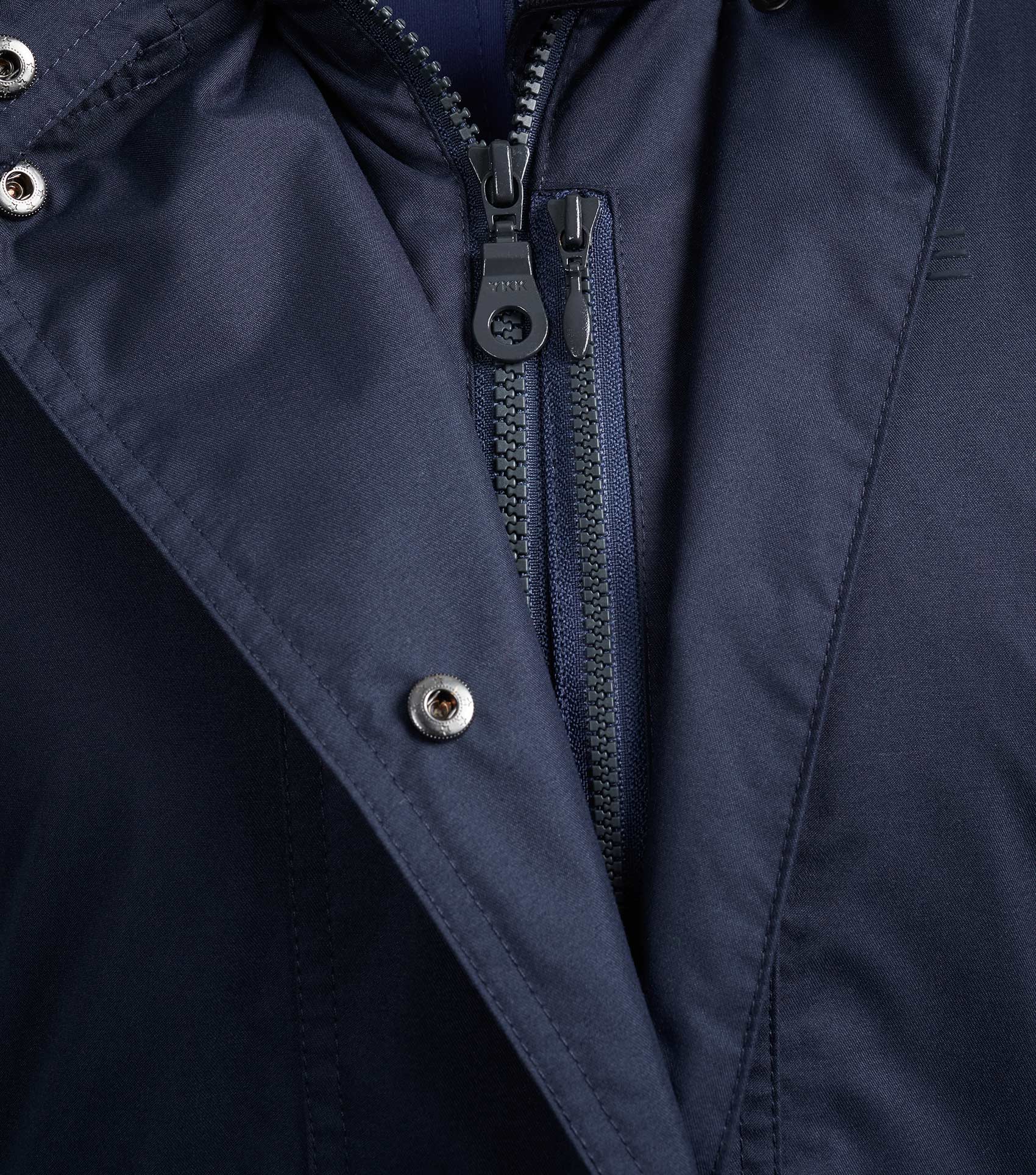 PREMIER EQUINE Navy Waterproof Coat: Detail of YKK Zipper & Snap Closure. Women's Riding Coat