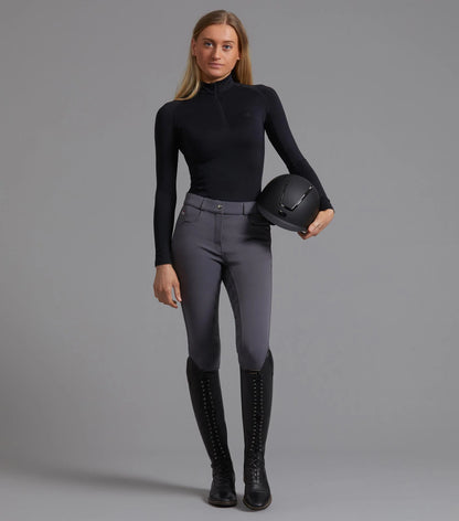 Premier Equine Cassa Ladies Riding Breeches - Anthracite. Equestrian apparel with full seat gel grip for optimal performance and style.