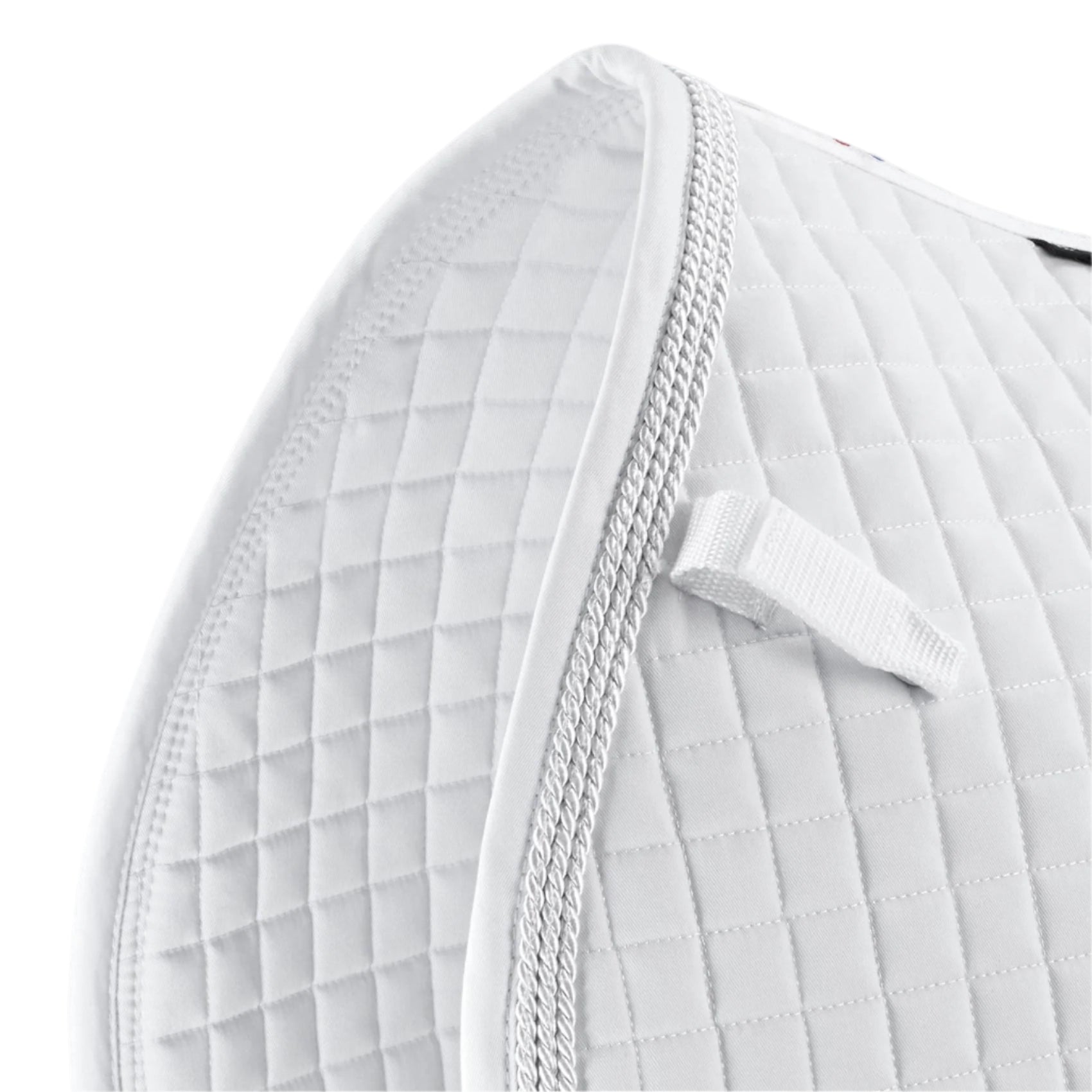 Premier Equine White Cotton Saddle Pad - GP/Jump Square. Close-up shows quilting & rope detail. Equiflair store
