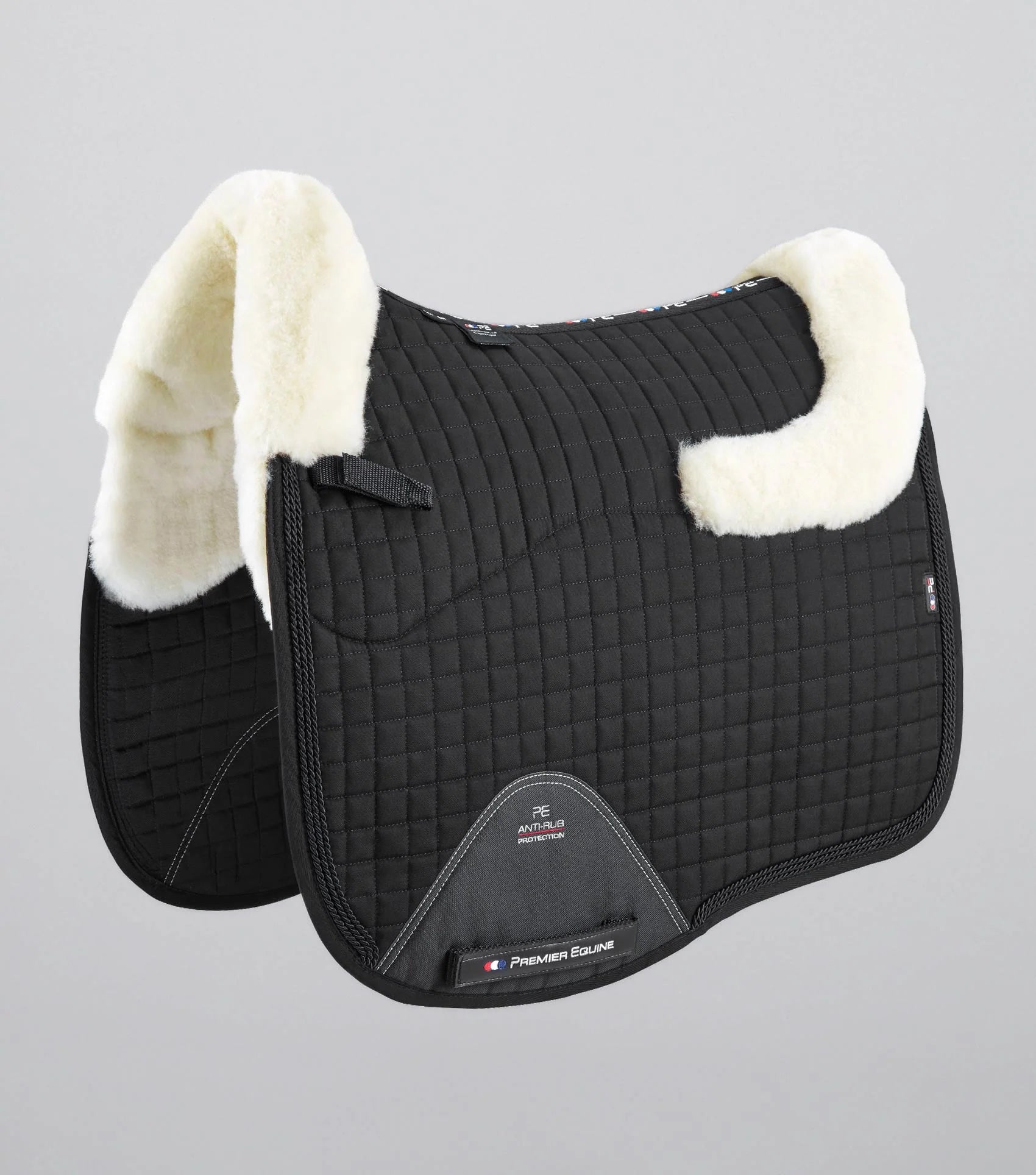 Premier Equine Merino Wool Dressage Saddle Pad, Black & Natural. Anti-Rub Protection. Horse Riding Tack.