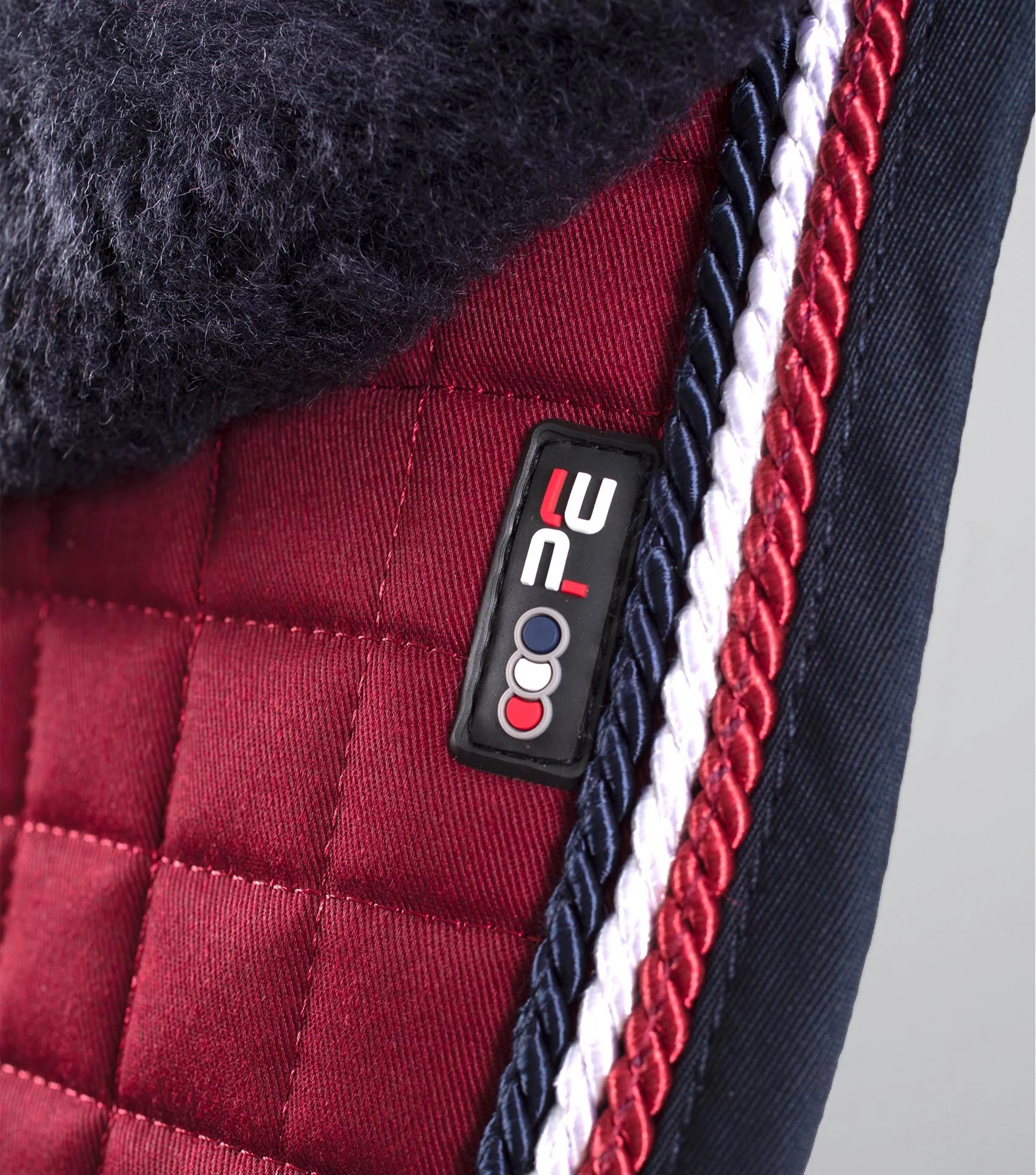 Premier Equine Dressage Saddle Pad - Merino Wool, Burgundy/Navy. Close Contact European Square, Horse Riding Equipment.